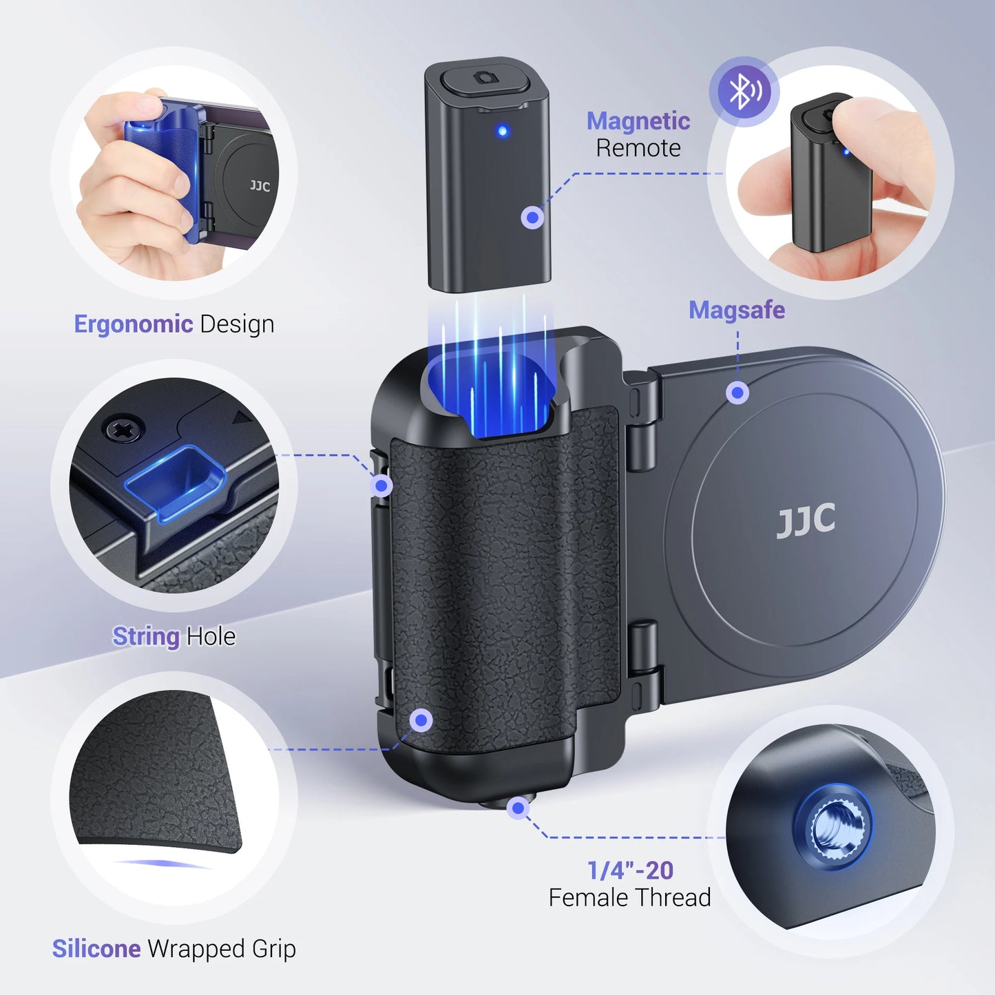 JJC Magnetic Snapgrip Phone Hand Grip Magsafe Handheld Bluetooth Remote Control Handle Shutter Phone Tripod Mount for Vlog